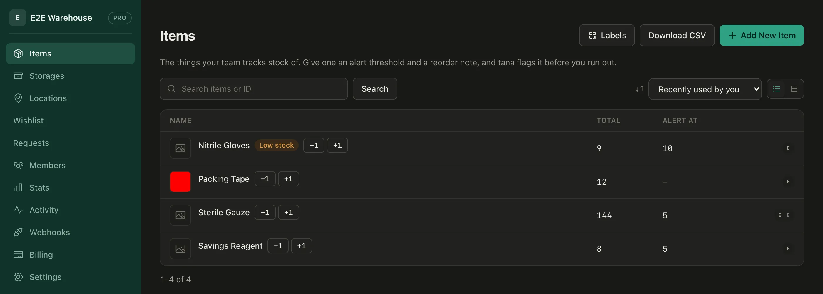 The Tana items list, showing stock quantities and low-stock indicators.