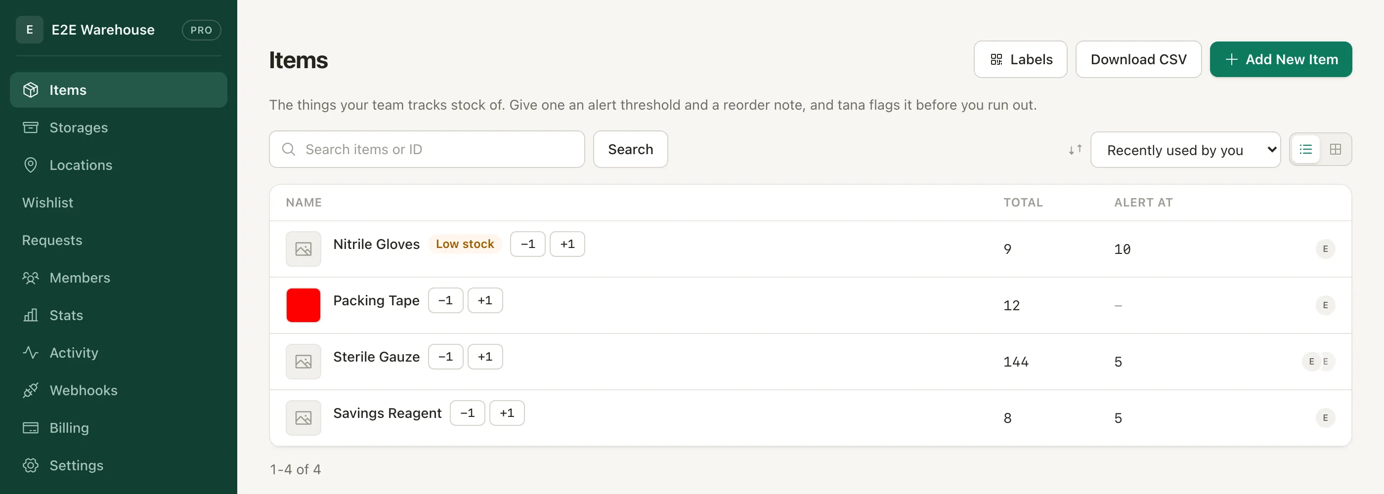 The Tana items list, showing stock quantities and low-stock indicators.